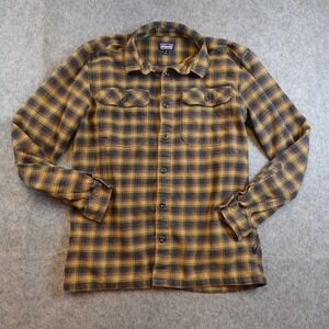 Patagonia Shirt Mens Medium Brown Gold Fjord Flannel Plaid Organic Cotton Button